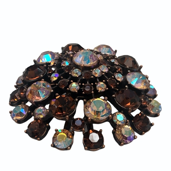 VINTAGE JOAN RIVERS AMBER & AURORA BOREALIS PINK DOME CRYSTAL BROOCH - Picture 8 of 16